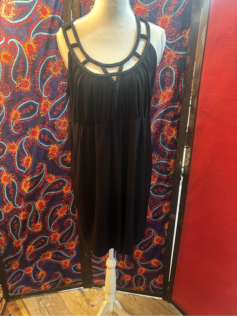 White House Black Market Black Beaded Scoop Neck Sleeveless Top